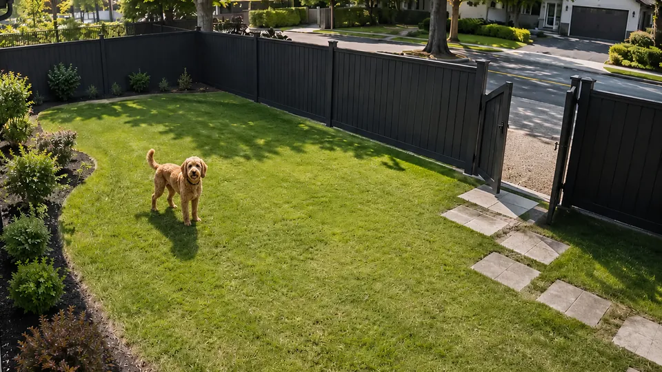 Side yard camera: a dog standing on the lawn with the side gate open to the street.