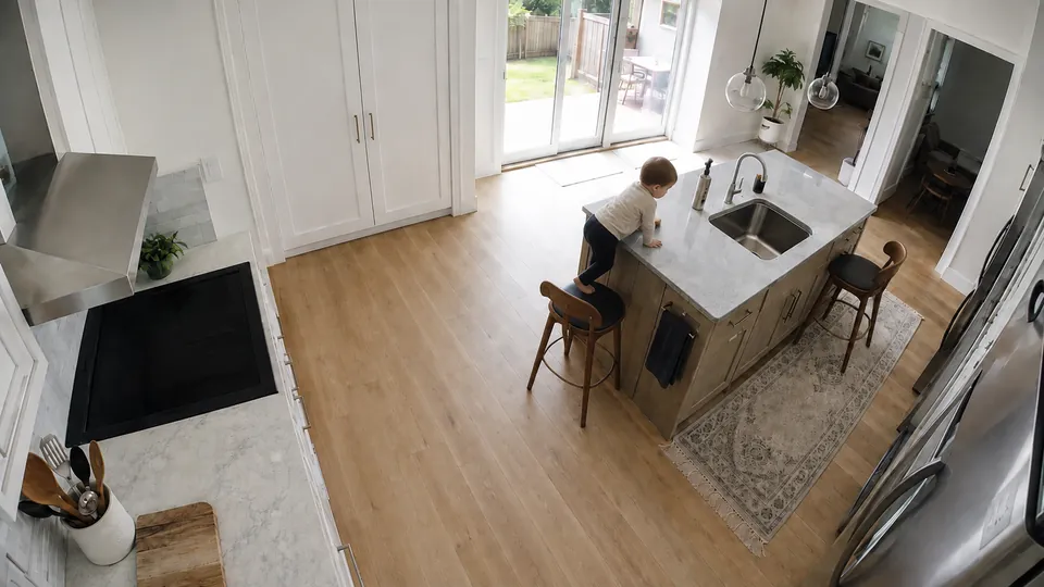 Kitchen camera: a toddler climbing onto a bar stool to reach the island counter.